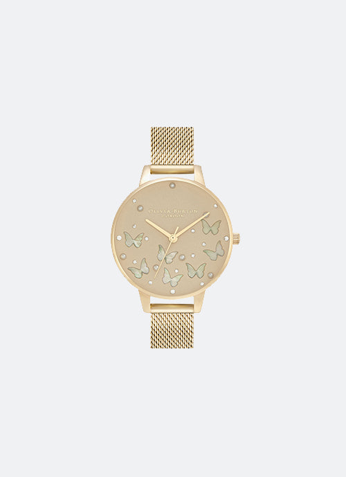 Sparkle Butterfly Demi Grey Dial, White Mother of Pearl Butterflies and Gold Mesh 34mm