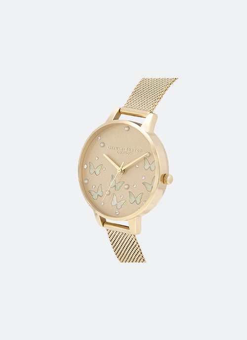 Sparkle Butterfly Demi Grey Dial, White Mother of Pearl Butterflies and Gold Mesh 34mm - OB16MB37