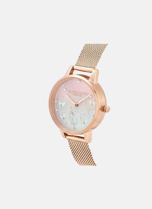 Sparkle Butterfly Midi Blush Dial, White Blue Mother of Pearl Butterflies and Rose Gold Mesh 30mm - OB16MB38