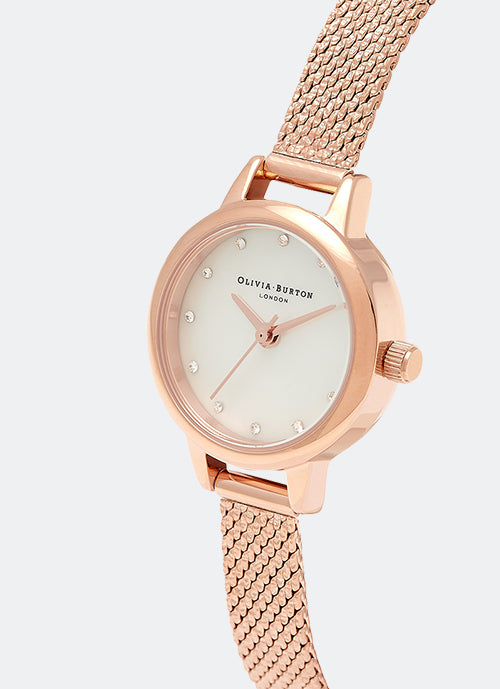 Mini White Mother Of Pearl Dial, Sparkle Markers and Rose Gold Boucle Mesh 23mm