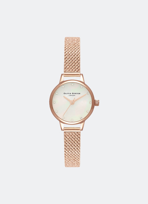 Mini White Mother Of Pearl Dial, Sparkle Markers and Rose Gold Boucle Mesh 23mm